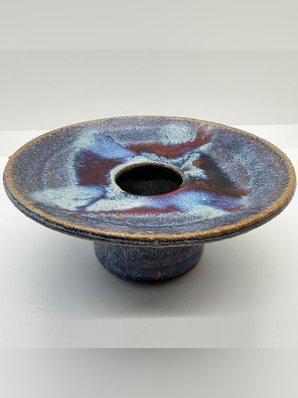 Blue Red Pottery Candle Holder Bowl Clay Art‎ Wide Rim Signed 5” Dia X 3” Tall